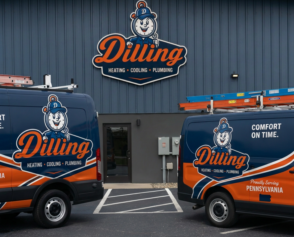 Dilling Heating & Cooling building exterior and service vans